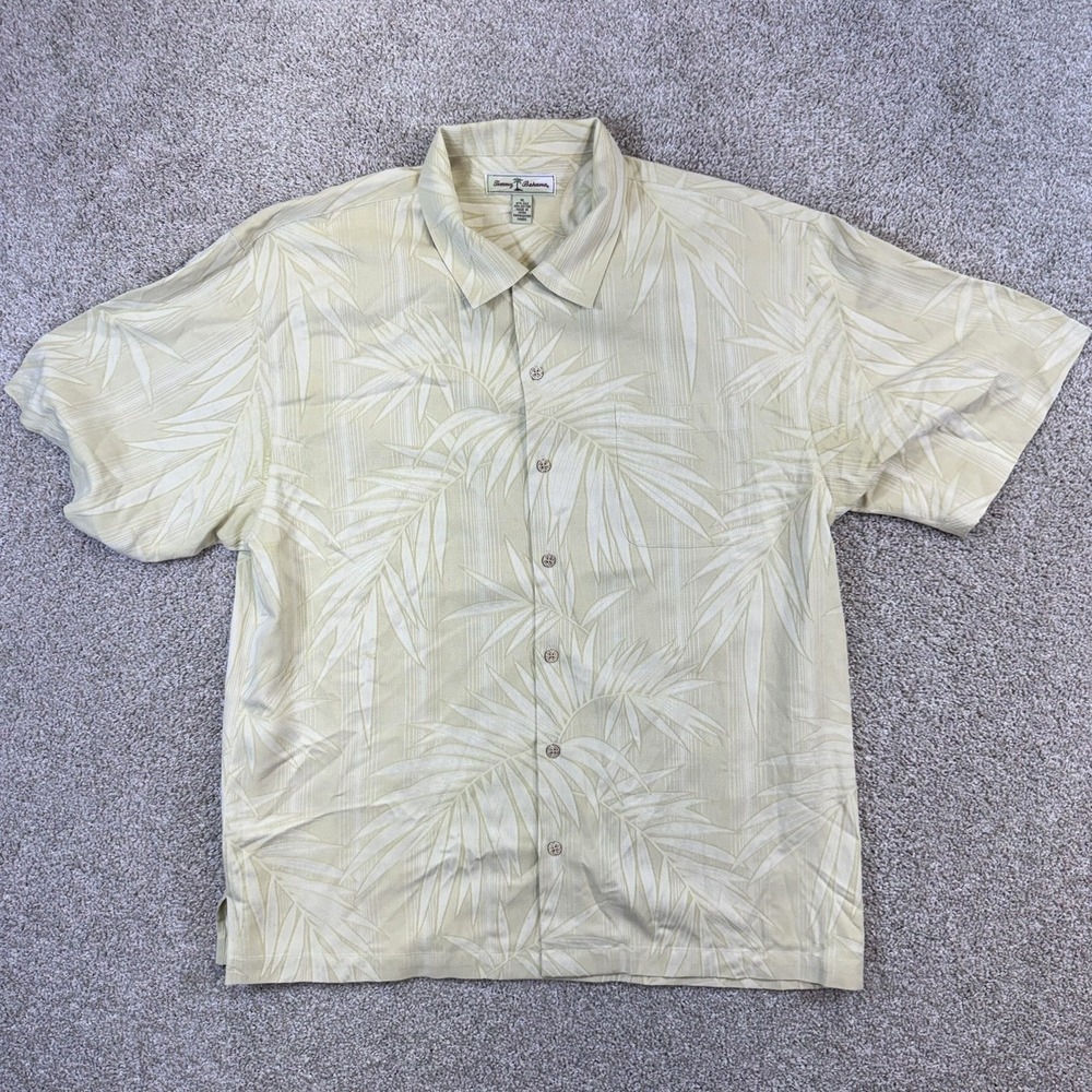 Tommy Bahama Button Down Shirt Mens XL Tan Silk Cotton Palm Leaf Tropical Short